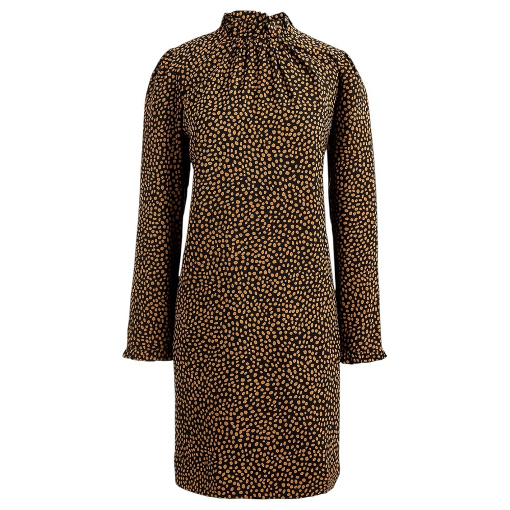 J.CREW Ruffleneck Long Sleeve Shift Dress Sz 8 Black Golden Brandy Dot Print